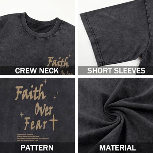 Christian Shirts for Men Faith Over Fear Acid Wash Tshirts Faith Religious Tees God Bible Verse Inspirational Tops - color: Black1, size: Small