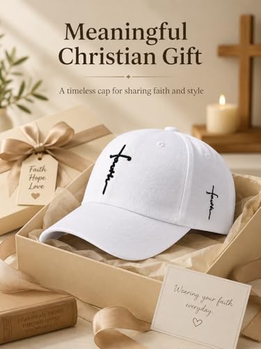 Embroidered Cross Baseball Cap, Christian Adjustable Snapback Hat for Men & Women, Structured Dad Hat with Jesus Faith Design - color: White