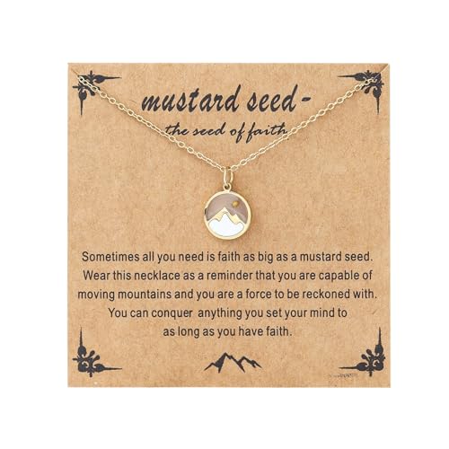 Mustard Seed Necklace - Rectangle, Round, Mountain, Hill Christian Faith Geometric Religious Inspirational Gift With Message Card - color: Gold, style: Round Mountain