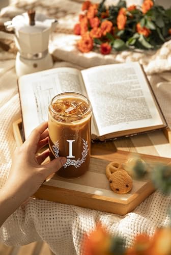 Personalized Gifts for Women, Monogrammed 16oz Glass Cups with Bamboo Lids and Straws, Customized Glass Tumbler, Cute Custom Mug, Customizable Initial Iced Coffee Glasses, Birthday Bridesmaid Mom, I - style: I
