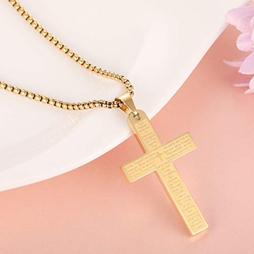 Mens Bible Verse Lords Prayer Cross Pendant Necklace Chain Men Women - color: Gold