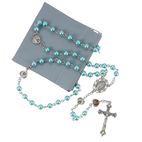 Rosary Beads Catholic, Rosary Necklace with Leather Pouch with Magnetic Top Bag for Men and Women Christian Gifts - color: Blue