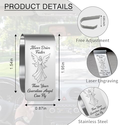 Never Drive Faster Than Your Guardian Angel Can Fly Engraved Stainless Steel Car Visor Clip, Funny Guardian Angel Safe Driving Gifts for Family Friend, Drive Safe Reminder Gifts - color: silver028