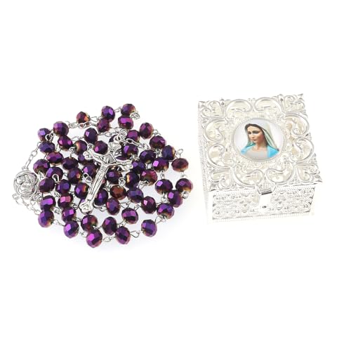Purple Crystal Rosary Beads for Women With Vintage Jewelry Box, Catholic Necklace With Metal Gift Box, First Communion for Anglican Prayer Beads Catholic Gifts - color: Purple-403