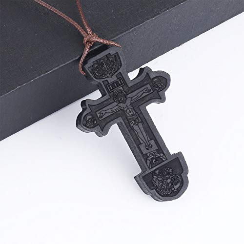 COTTVOTT Wood Orthodox Cross Pendant Necklace Christian Crucifix Necklace Prayer Jesus for Women Men - style: D-Black Color