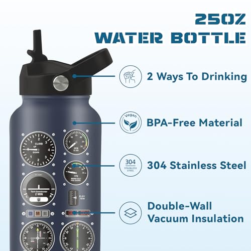 25oz Pilot Water Bottle with 2 Lid - Pilot Stainless Steel Insulated Water Bottles with Straw Lid, BPA-free Leakproof Insulated Reusable Sports Waters Bottle for Office Travel, Gifts Cup for Pilots - color: Pilot