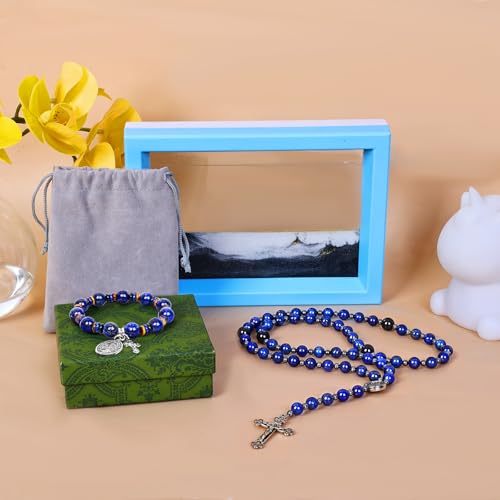 Rosary for Men Women, Natural Stone Beads with St. Benedict Bracelet - color: Lapis Lazuli