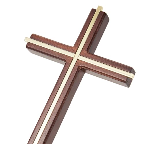 ACHIBANG 10" Wooden Cross for Wall, Modern Minimalist Wall Cross for Home Decor and Blessing, Catholic Gifts - color: Brown + Gold