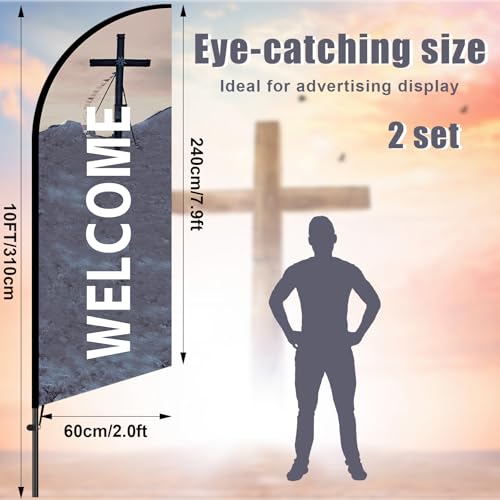 Buryeah 2 Sets 10 ft Welcome Sign Feather Flag for Church Large Swooper Flag with Fiberglass Poles and Point Stake Outside Church Welcome Banners for Outdoor Business and Events Promotion - size: 10 ft