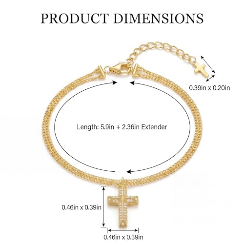 Gold Cross Bracelet for Women, Dainty 18K Gold Plated Double Pendant Jewelry, Sparkling Zirconia Prayer Bracelet, Adjustable Link Chain Lobster Clasp (5.9in + 2.4in) - style: Sparkling Full-Zircon Cross