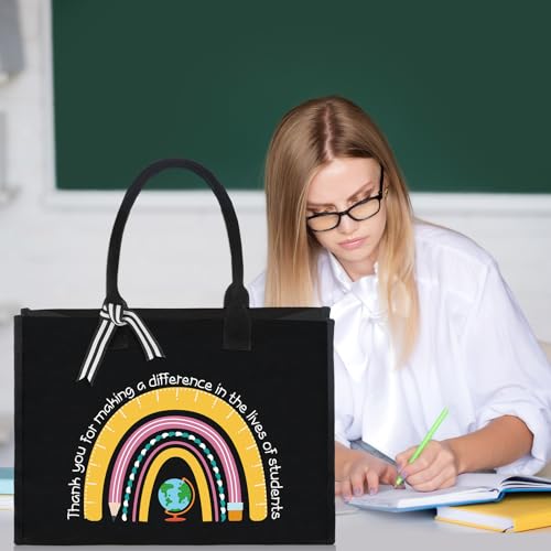 Huhumy 4 Pcs Teacher Appreciation Gifts Tote Bag Canvas Black Tote Best Teacher Ever Gifts Bags for End of Year Graduation(Rainbow) - style: Rainbow