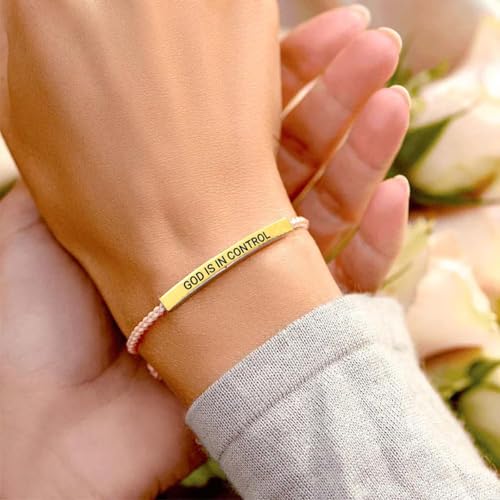 God is in Control Leather Bracelet, Stainless Steel Christian Faith Braided Engraved Bar Bracelets Self Worth Motivation Bracelet Inspirational Friendship Jewelry for Men Women - color: Pink&Gold