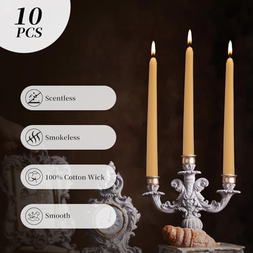 KONNI 0.87×10 Inch Wax Yellow Taper Candles, Unscented and Smokeless Tall Candlesticks, 10 Pack Tapered Candles with Cotton Wicks, Long Burning, Ideal for Weddings, Dinner Parties, and Home Décor - color: wax yellow