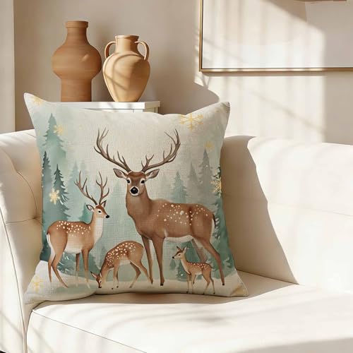 Christmas Forest Animal Throw Pillow Cover,Winter Deer Family with Snowflakes Decorative Pillow Case,Rustic Holiday Wildlife Cotton Linen Cushion Case for Home Decor 18 * 18 Inch - color: Settype02