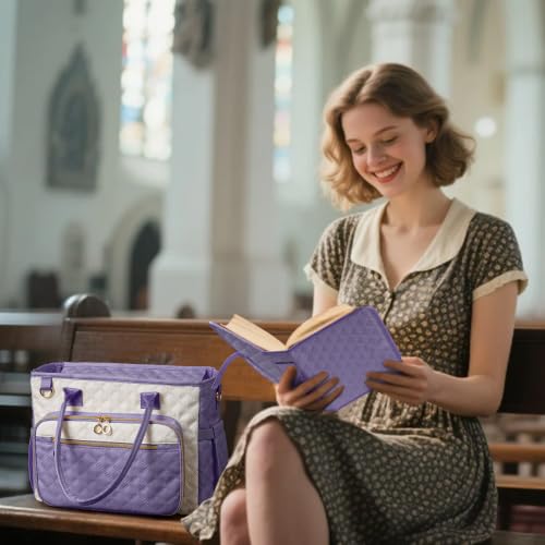 Large Bible Bag with Bible Cover Case for Women,Color-Blocking Quilted Church Tote Bag with Shoulder Strap, Christian Gifts for Women(Purple) - color: Beige/Purple