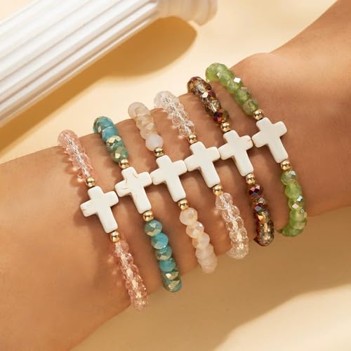 5Pcs Set Cross Beaded Crystal Turquoise Colorful Stretch Bracelet Christian Matching Strand Bracelet for Women Holiday Bohemian Boho Jewelry Multilayered Handmade - color: G