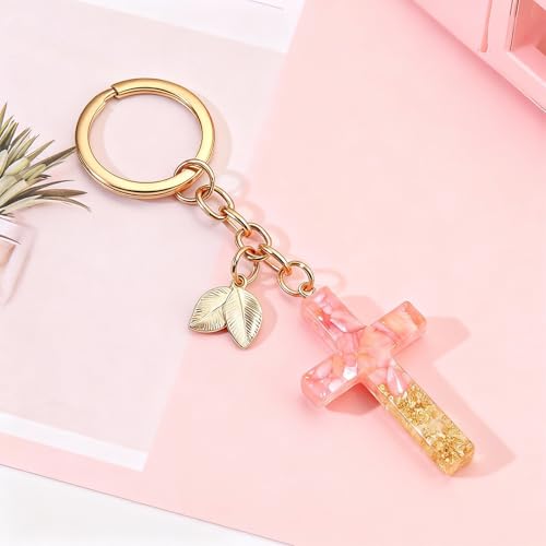 Angyape Cute Christian Cross Keychain for Women Purse Bag Charms Car Key Rings Accessories Flower Design Jesus Faith Gifts - color: I:pink