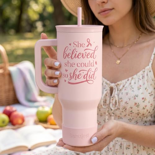 Breast Cancer Awareness Stainless Steel Slider Tumbler with Handle 40 Ounces with Lid, Travel Cup, Insulated Bottles for Girls Women - color: Breast Cancer Awareness