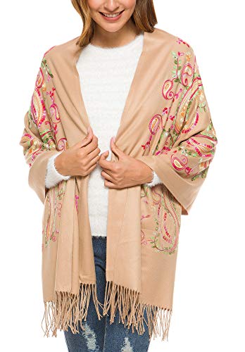 Urban CoCo Embroidered Scarf for Women, Tassel Shawl, Soft Lightweight Wrap - color: #1-camel
