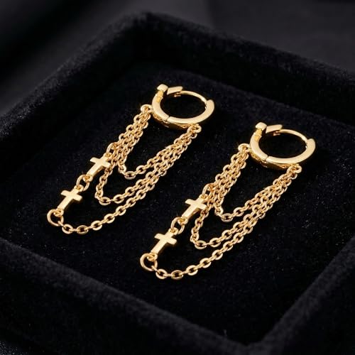 Gold Tassel Chain Hoop Earrings for Women Trendy Cross Evil Eye Dangling Chain Hoop Earrings Huggie Hypoallergenic Fashion Jewelry Gifts