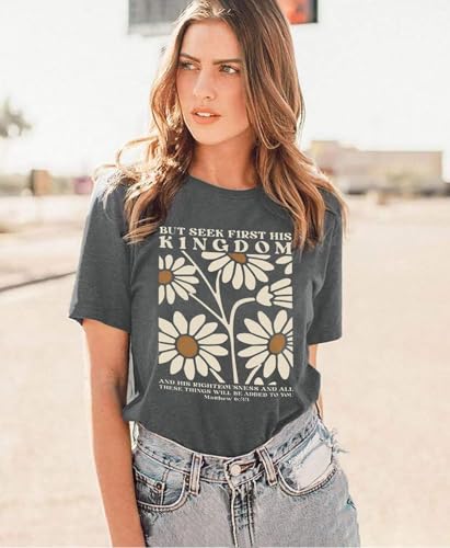 Christian Shirts for Women:Bible Verse T-Shirts Jesus God Faith Floral Graphic Vintage Boho Tees Short Sleeve Tops - color: Darkgrey Sunflower, size: XX-Large