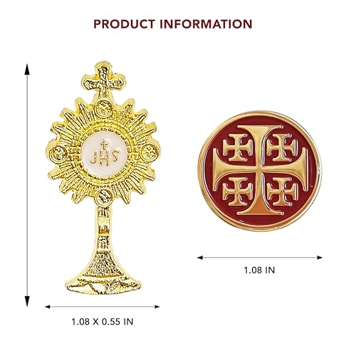 Catholic Enamel Pin Set, 2 Pack, Jerusalem Cross & Eucharistic Monstrance IHS, Gold, Religious Lapel Pins, Faith Gifts for Men & Women