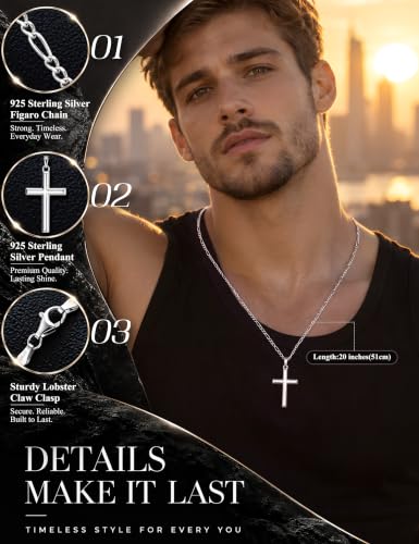 MILACOLATO Solid 925 Sterling Silver Cross Necklace for Men Women 16-24 in - color: Sterling Silver Figaro Chain, size: 18 in=46 cm