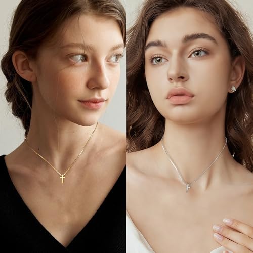 Cross Necklace for Woman, Gold Silver Plated Cross Pendant Necklaces Choker Faith Jewelry Non Tarnish Cute Simple Christian Religious Diamond Cross Necklace for Mom - color: 2pcs Gold+ Silver Small Simple Cross