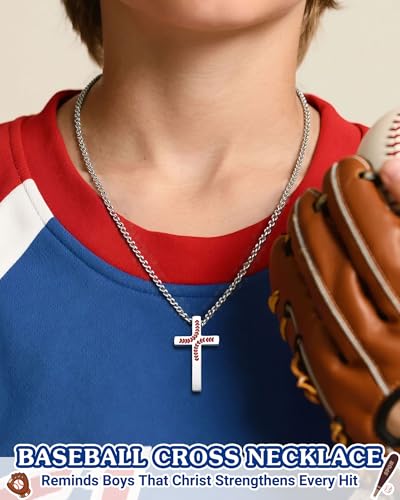 UNGENT THEM Baseball Cross Necklace for Boys with Bible Verse Card, 20 Inch