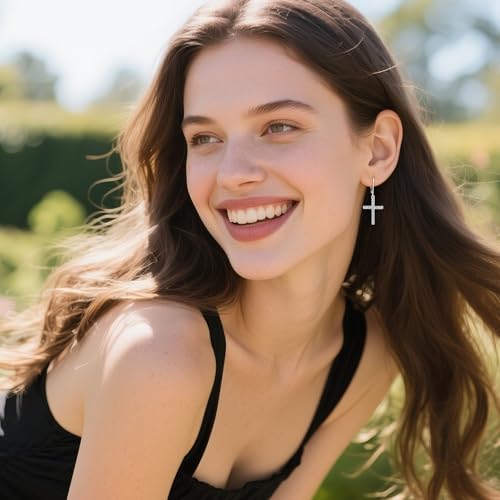 Silver Cross Dangle Earrings for Women 14K Gold Cross Dangle Earrings - color: Silver