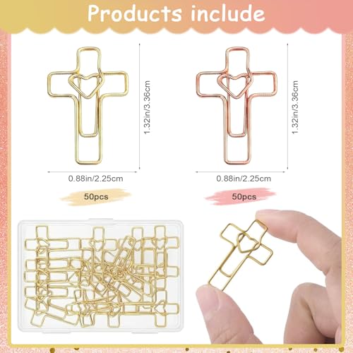 100 PCS Heart Cross Paper Clips for Bible Study Supplies,Christian Gifts,Jesus Bible Stuff Bookmark journaling Supplies Accessories, Easter Eggs fillers, Teacher Gifts (Gold and Rose) - color: Gold and Rose