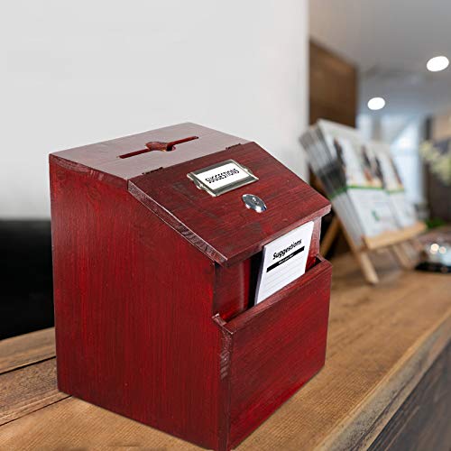 EXCELLO GLOBAL PRODUCTS Red Mahogany Suggestion Box with Lock: Wooden Ballot Comment Box, Wall Mounted or Freestanding. Includes Printed Labels & Suggestion Pads Cards