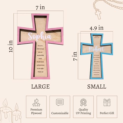 Christian Baptism or First Communion Gift for Boys & Girls - Personalized Wooden Wall Cross - Custom Name & Verse – 2 Sizes & 2 Styles – Baby Nursery or Keepsake Décor