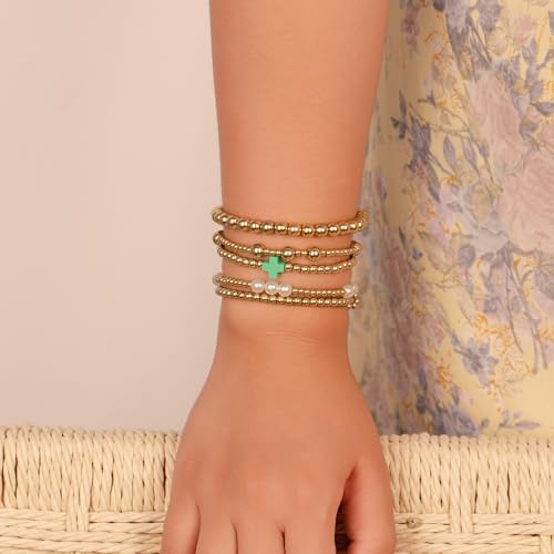 Gold Beaded Pearl Cross Bracelets Stackable Christian Stretch Jewelry Set - color: Green