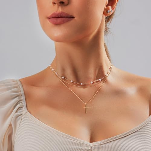 HAXIYA Cross Pendant Necklaces for Women Layered Cross Choker Faith Jewelry - style: 3 Set-Gold