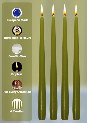 Hyoola Tall Taper Candles - 10 Inch Olive Green Unscented Dripless Taper Candles - 8 Hour Burn Time - 4 Pack - color: Olive Green, size: 10 Inch