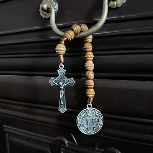 Bovemee Saint Benedict Medal Prayer Pocket Rosary Catholic Brown Wood Beads with Medalla de san benitol and Crucifix, 9 Inch - color: Antique Silver