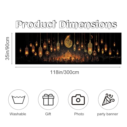 Ramadan Mubarak Fence Banner 118 x 35 Inch, Large Waterproof Outdoor Islamic Banner with Hanging Lanterns, Crescent Moon & Arabic Calligraphy for Yard Porch Fence Eid Ramadan Decorations - color: 220-1
