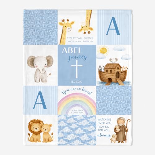 Personalized Baptism Noah's Ark Toddler Blanket, Christian Bible Story Patchwork Throw, Custom Name and Date Faith Keepsake for Baby Boy, Religious Gift from Parents Grandparents, Nursery Decor - color: Baptsim Toddler Blanket#14