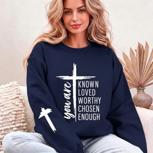 Christian Sweatshirts for Women Jesus Faith God Sweatshirt Religious Cross Bible Verse Inspirational Pullover Tops - color: Navy Blue, size: Small