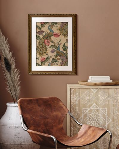 Golden Framed Canvas Wall Art Vintage Peacock, Classic Vine With Poppies Floral Canvas Print Wall Decor, Bird Art Print Wall Hanging 16x20 inch, for Bedroom Bathroom Living Room Decor - color: Peacock, size: 20"L x 16"W