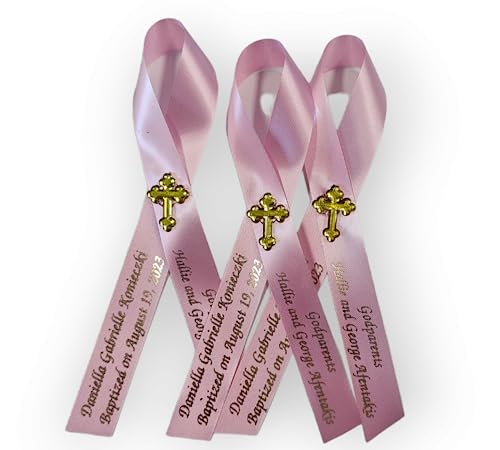 Personalized Memorial Service Funeral Ribbon Pins 20 Cross Religious Celebration of Life Custom Made Awareness Remembrance Anniversary Death Cross Sympathy Name Angel - color: Pink