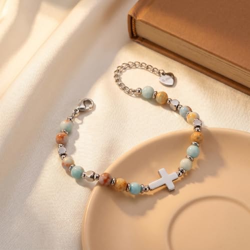Bracelet for Women Natural Stone Beaded, Stainless Steel Charms, Adjustable - color: 3-Cross