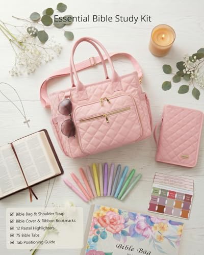 Large Bible Bag with Bible Cover Case for Women, Quilted Bible Tote Bag - color: Blush Pink