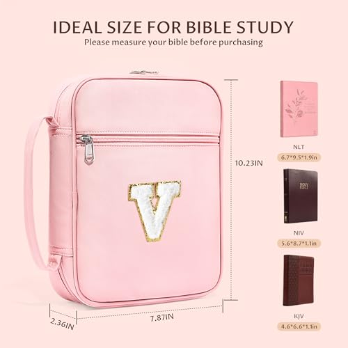 WOBAGMEN Bible Cover for Women,Pink PU Leather Personalized Bible Case with Bible Study Supplies,Including Tabs and Highlighter Set, Faith Chiristain Gift for Women Girls (Pink, V) - size: V