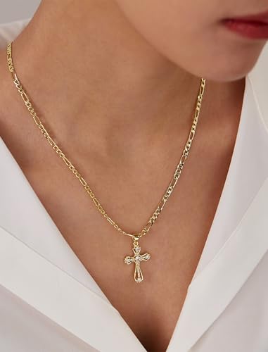 14K Gold Plated Cross Necklace for Women, Cubic Zirconia Copper Cross Pendant, Valentine Mother's Day Gifts for Her with Jewelry Box Figaro Link Chain, Alloy Infinity CZ Diamond Bridal Wedding - color: Gold