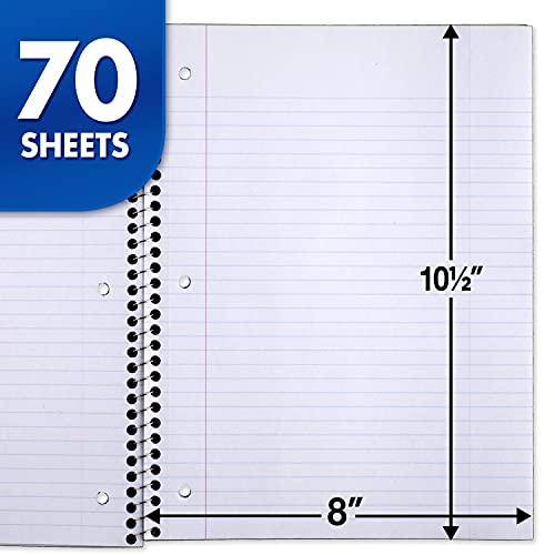 Mead Spiral Notebook, 12 Pack, 1 Subject, College Ruled Paper, 7-1/2" x 10-1/2", 70 Sheets per Notebook, Colors Will Vary (830063-ECM25) - size: Pack of 12