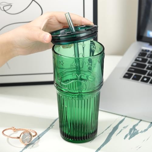 Joeyan Green Glass Tumbler with Lid and Straw,Embossed Iced Coffee Cups with Whale Pattern,Colored Striped Drinking Jars,Water Juice Beverages Soda Glasses,18.5 oz,Set of 2,Dishwasher Safe - color: Green-3