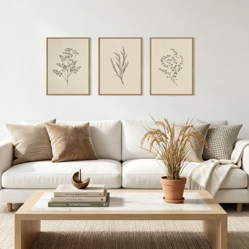 ANHUIB Neutral Beige Floral Canvas Wall Art Large Cream Botanical Wall Decor Vintage Minimalist Modern Paintings 16x12 Inch Set of 3 for Living Room Dining Room Bedroom - color: Beige Botanical, size: 16"L x 12"W