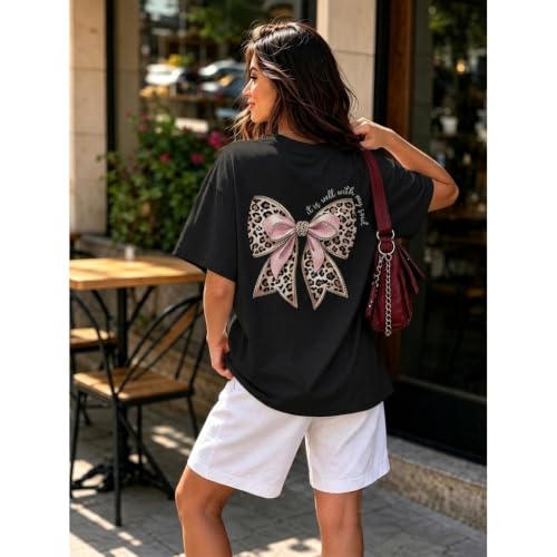 Leopard Bow Shirt Cheetah Bow Shirt Christian Shirts for Women Faith Bible Verse Shirts God Coquette Graphic Tees - color: Black, size: Small